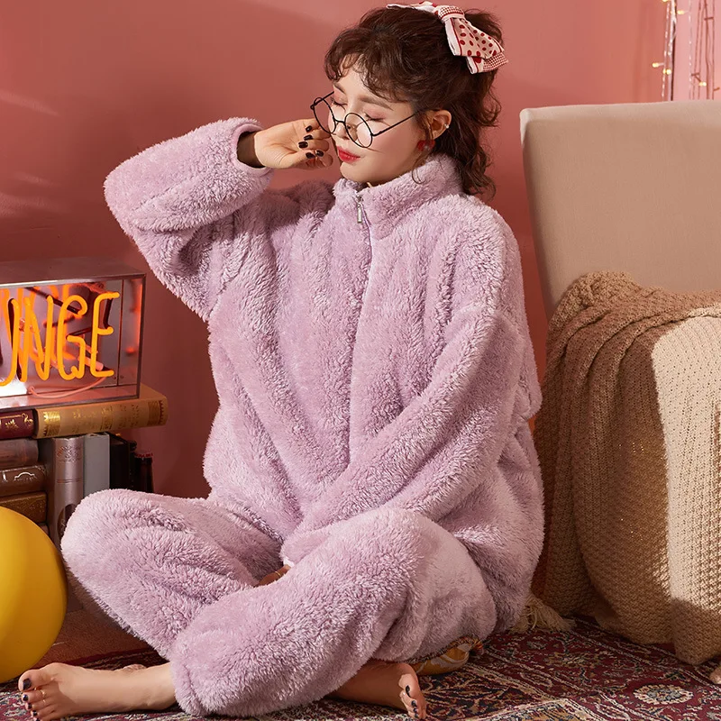 

2020 autumn winter new solid color thick cardigan trousers warm pajamas 2PCS comfortable women bathrobe Home service suit