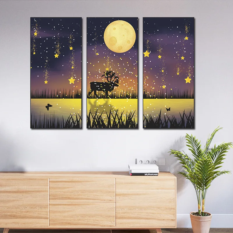 

Literary Fantasy Starry Sky Elk Triptych Living Room Sofa Bedroom Background Decorative Wall Sticker