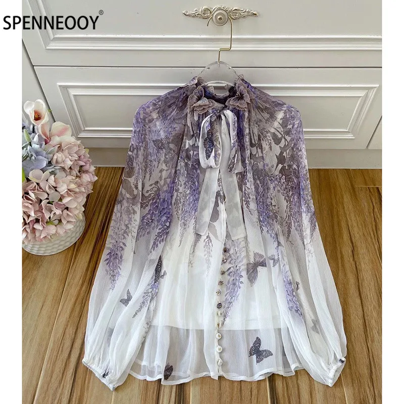 SPENNYMOOR 2021 Runway Summer High-End Two Piece Set Women Butterfly Embroidery Purple Print Silk Blouse + Linen Shorts Sets