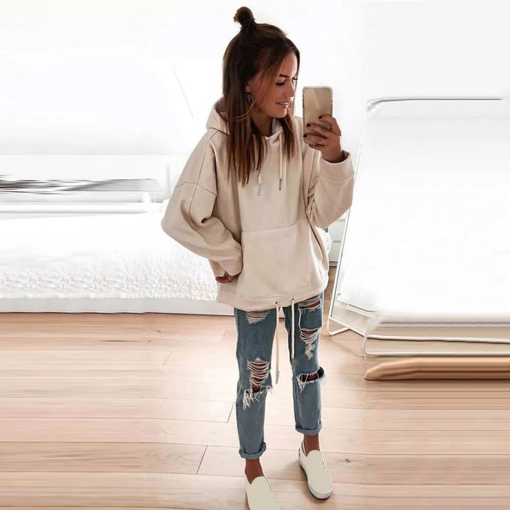 Толстовки женские с длинным рукавом Толстовка пуловер Топы из полиэстера