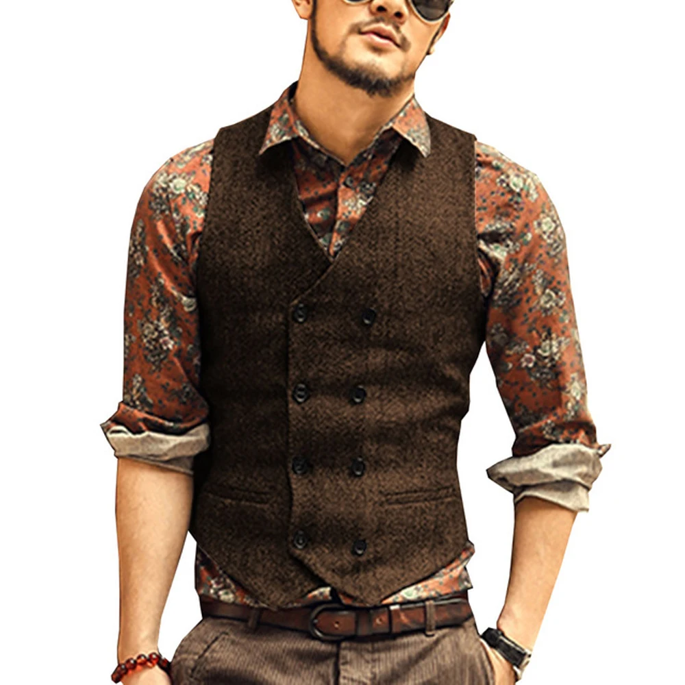 

Men Vests Suit Vest Tweed Man Waistcoat Brown Black Groomman Wedding Clothing Jacket Victorian Style Steampunk Business 2021