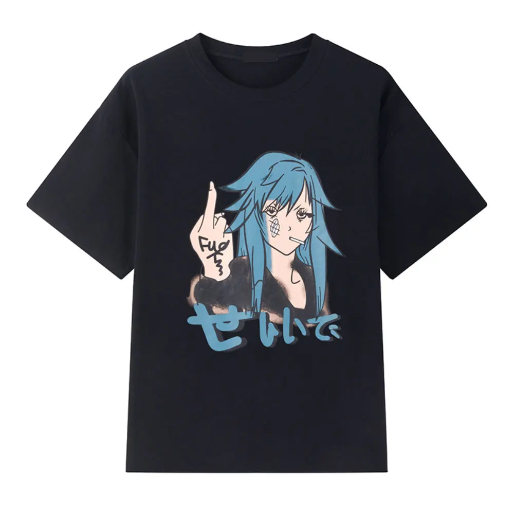 

ZOTTSOZ Japanese Harajuku Middle Fingers Anime Cartoon Print Short Sleeve T-Shirts Women Summer Korean Casual Loose Tees Tops