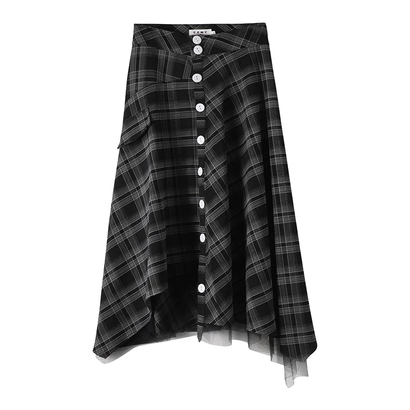 

Sister Fara Asymmetrical Plaid High Waist Skirt Summer New Women's Single-breasted Knee-Length Skirts Ladies A-LINE Casual Skirt