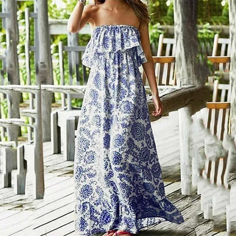 Женское пляжное платье без бретелек Boho синее длинное с цветочным принтом и