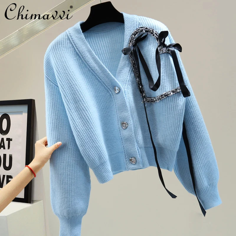 

Love Beaded Bowknot Long Sleeve Sweater Women 2021 Autumn and Winter Korean Loose Slimming Casual All-Matching Cardigan Coats