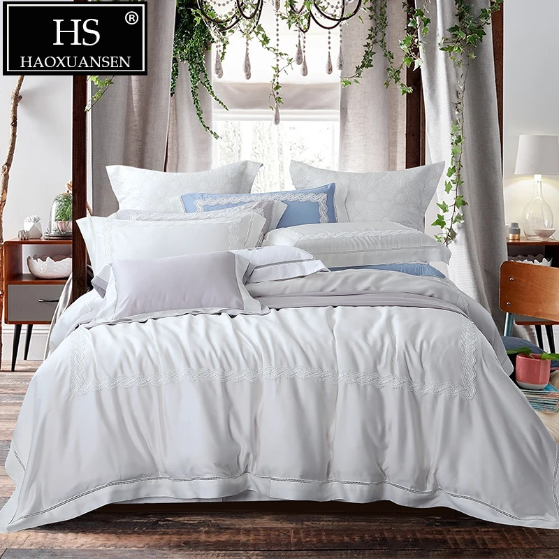 

High-end Tencel Lyocell Lace White 4 Piece Bedding Sets 100% Tencel Silk Super Soft Breathable Bed Linens Queen King Size Sheets