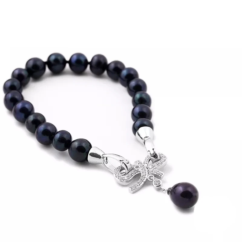 

MeiBaPJ 925 Sterling Silver 6-7mm Fashion Black FreshwaterPearl Bracelet for Women Bow Pendant Accessaries Bangle Gift Bag