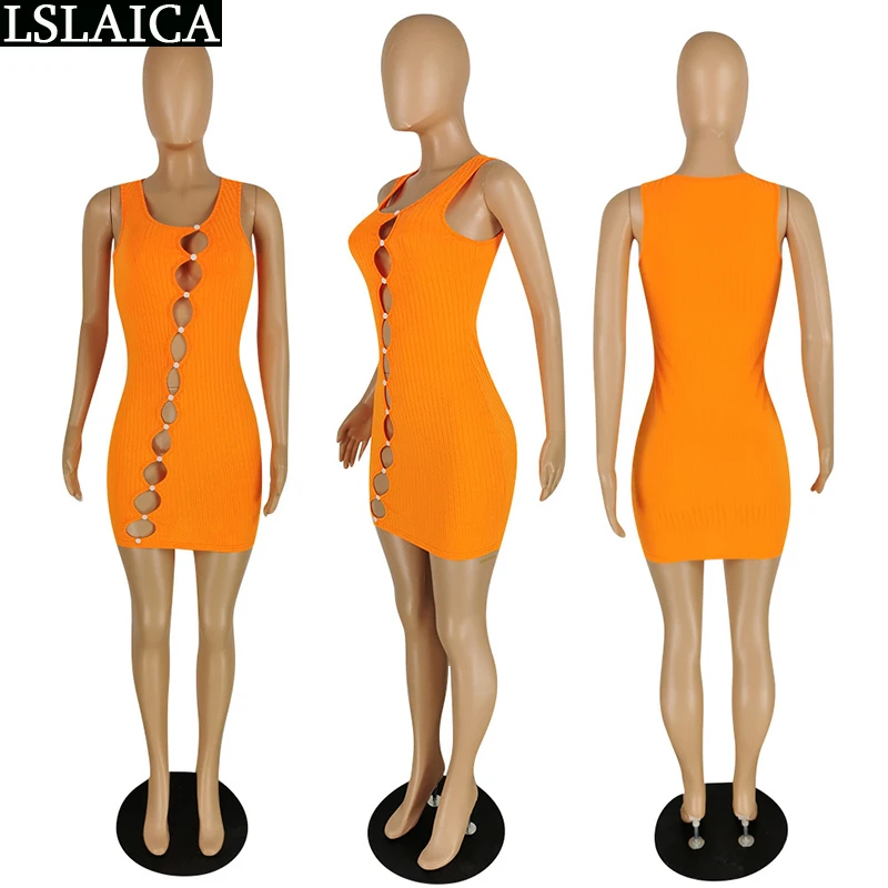 

Women Dresses Solid Color High Waist Hollow Out Sexy Elegant Mini Dress Party Night Club Knitted Sleeveless Summer Dresses