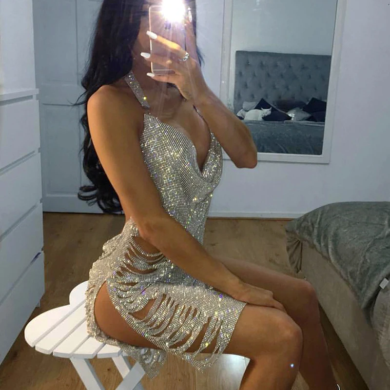 2019 сексуальное прозрачное блестящее металлическое мини платье стразы женское
