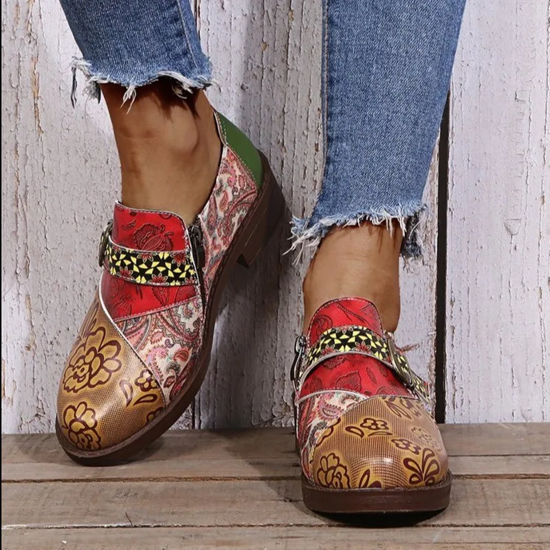 

Women Shoes Vintage Splicing Printed Ankle PU Leather Retro Block Boots