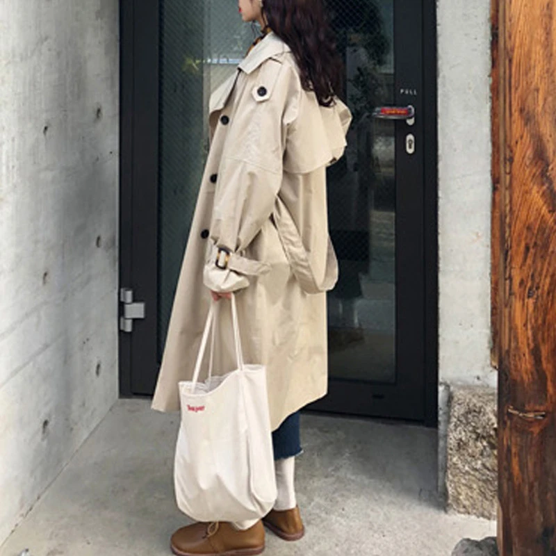 

Spring Casual Loose Cotton Trench Long Coat For Women With Sashes Oversize Double Breasted Vintage Cloak Overcoats Windbreaker