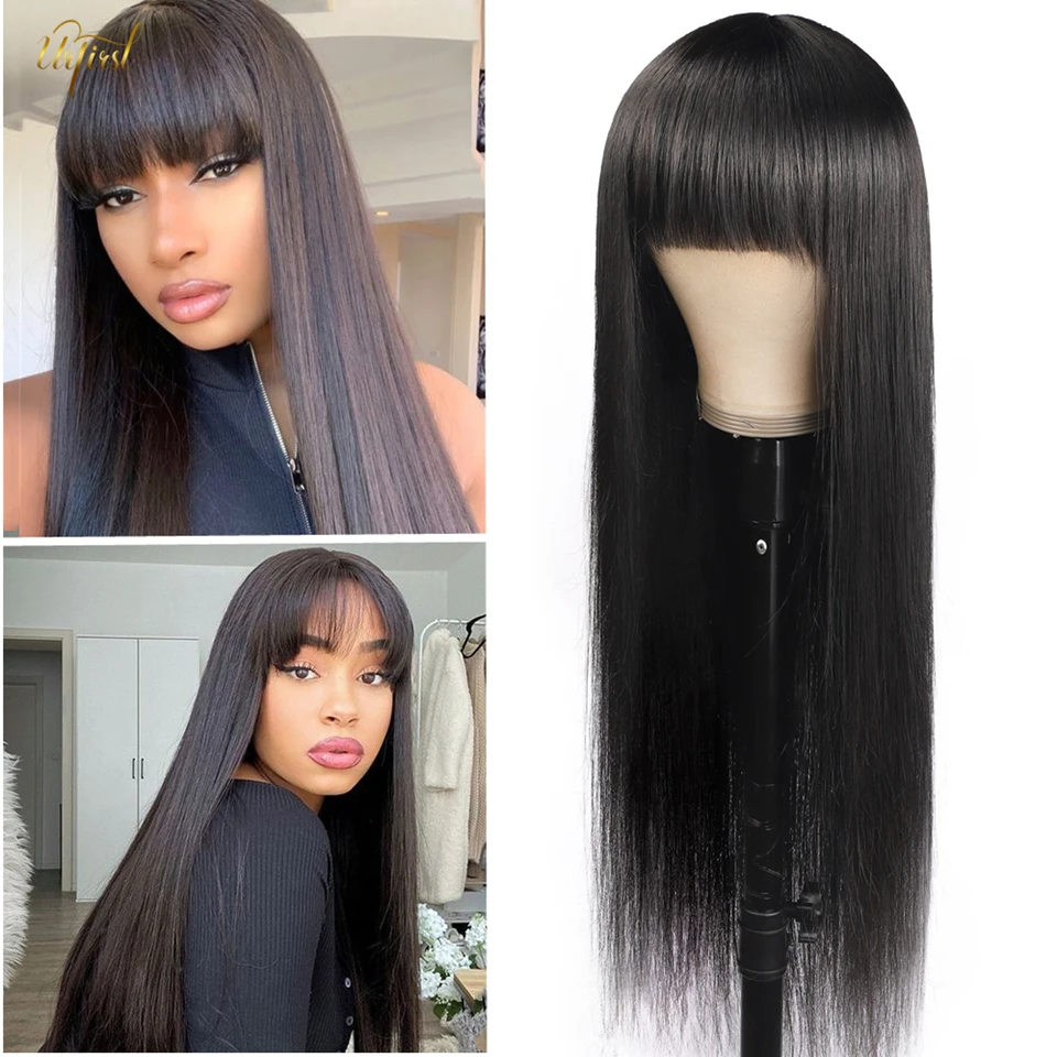 

Glueless Straight Wig With Bangs Brazilian Human Hair Wigs Burgundy Ginger Fringe Wig For Black Women Highlight Ombre Wig Remy