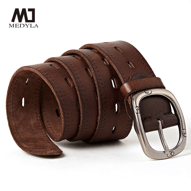 MEDYLA Genuine Leather For Men High Quality Natural Cowhide Alloy Pin Buckle Jeans Belt Cowskin Casual Belts Business Belt