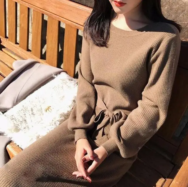 Autumn Winter O-Neck Sweaters dress Women Long Sleeve Knitted Loose Sweater Dress Female Elegant Sashes A-Line Dresses vestidos | Женская