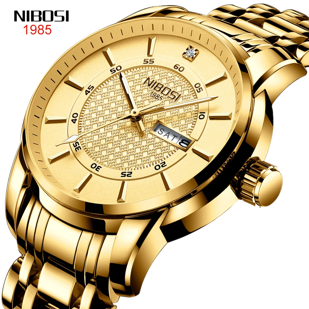 

NIBOSI New Fashion Men Calendar Week 30M Waterproof Luminous Hands Quartz Watch Stainless Steel Gold Watches Relogio Masculino