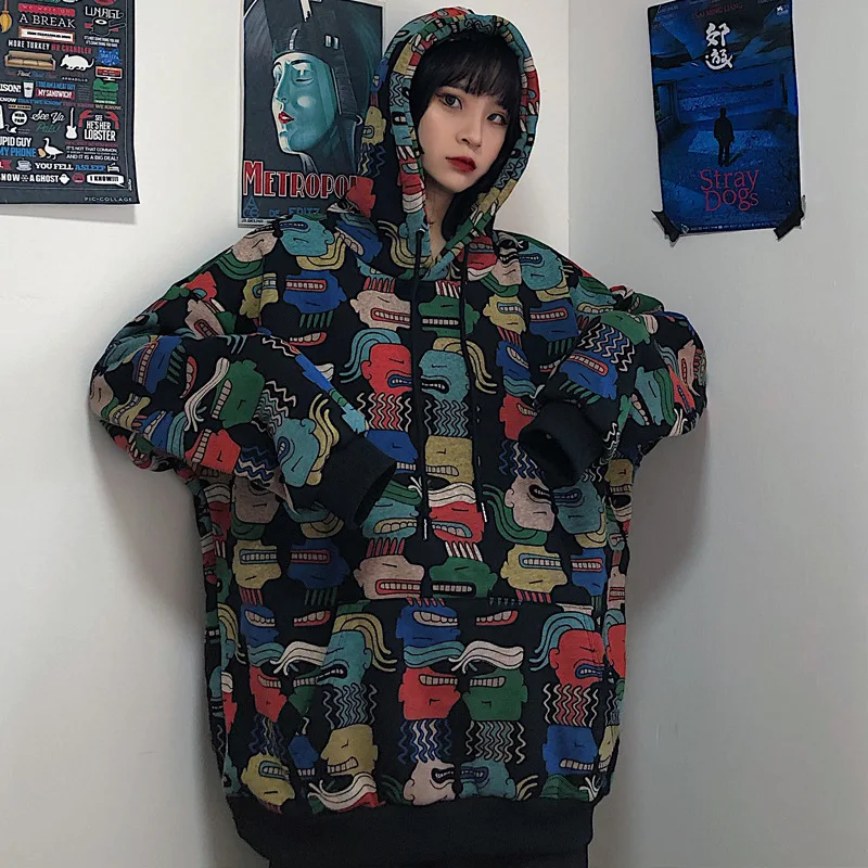 

Harajuku Women Hoodies Pullovers Oversized Print Sweatshirt Korean style Hood Hooded Women's tops Loose Coat Streetwear clothes