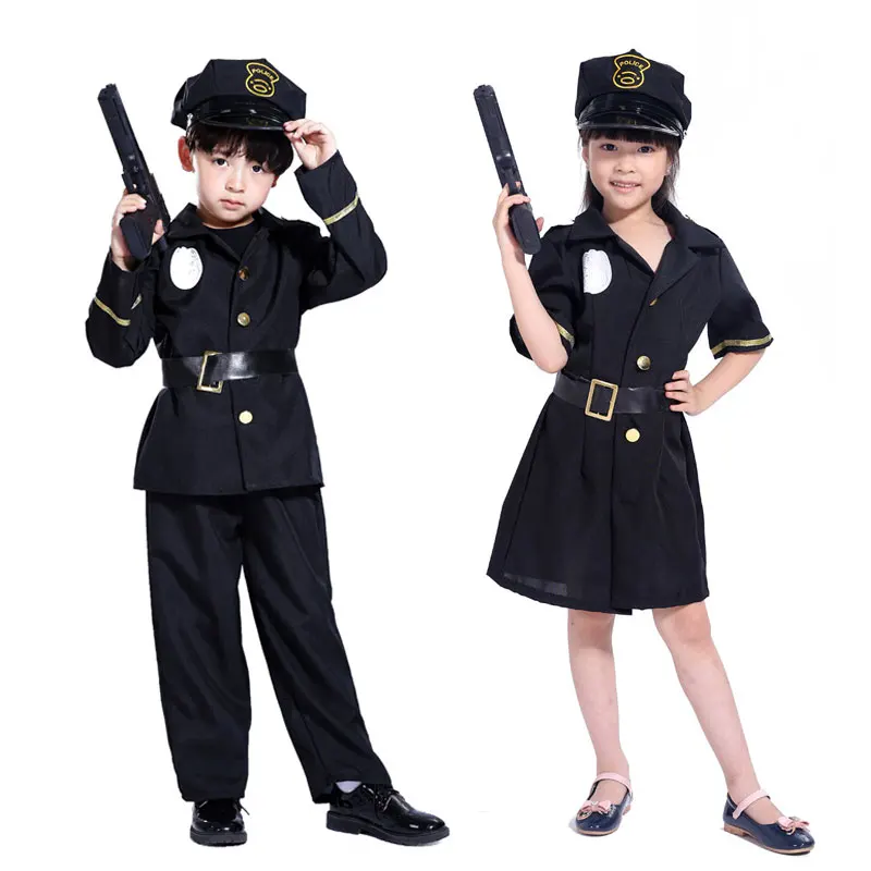 Child Police Officer Cops Costume for Boys Girls Black Uniform Policeman Role Play Outfit Dress Halloween Cosplay