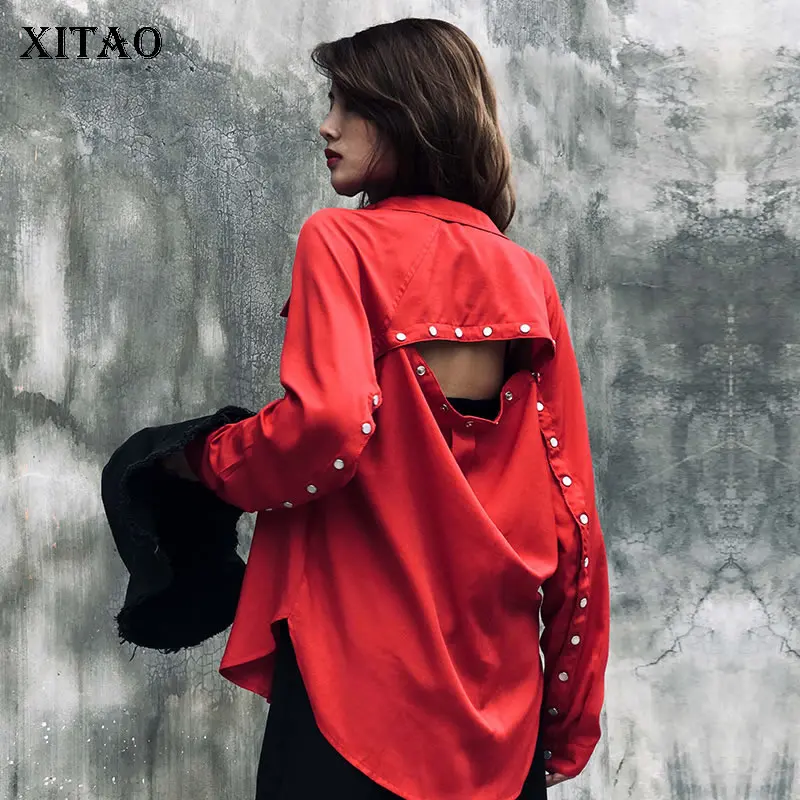 Женская блузка с открытой спинкой XITAO красная одним нагрудным карманом