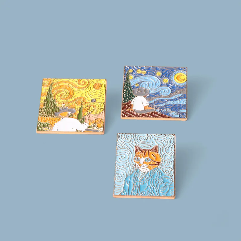 

Artist's Famous Painting Brooch New Creative Van Gogh Sky Geometric Pattern Modeling Suit Cat Portrait Cat Self-portrait Brooch