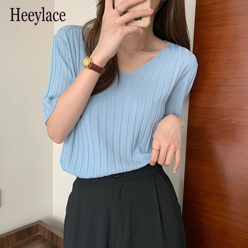 

Summer Short-Sleeved Thin Sweater Solid Brief Pullovers Basewear Basic Chic 2021 Loose Hot Tops Casual Tee Retro Gentle T-shirts