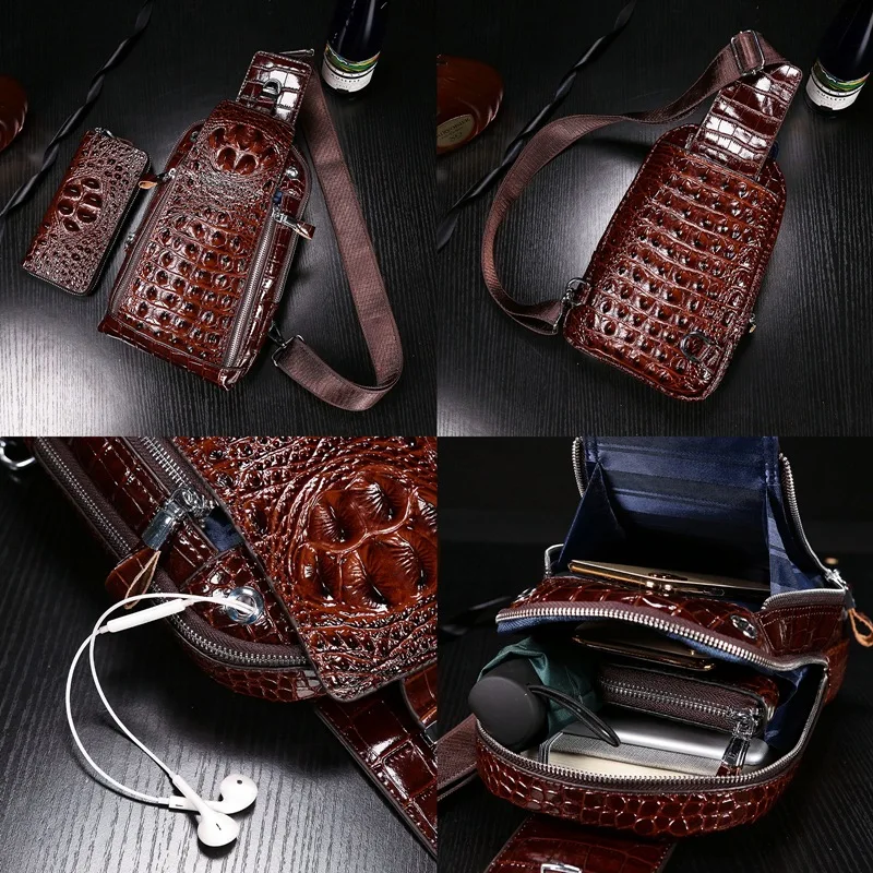 

Leather chest bag men's bag crocodile pattern head layer cow leather Single Shoulder Messenger Bag sports chest bag fashion bags