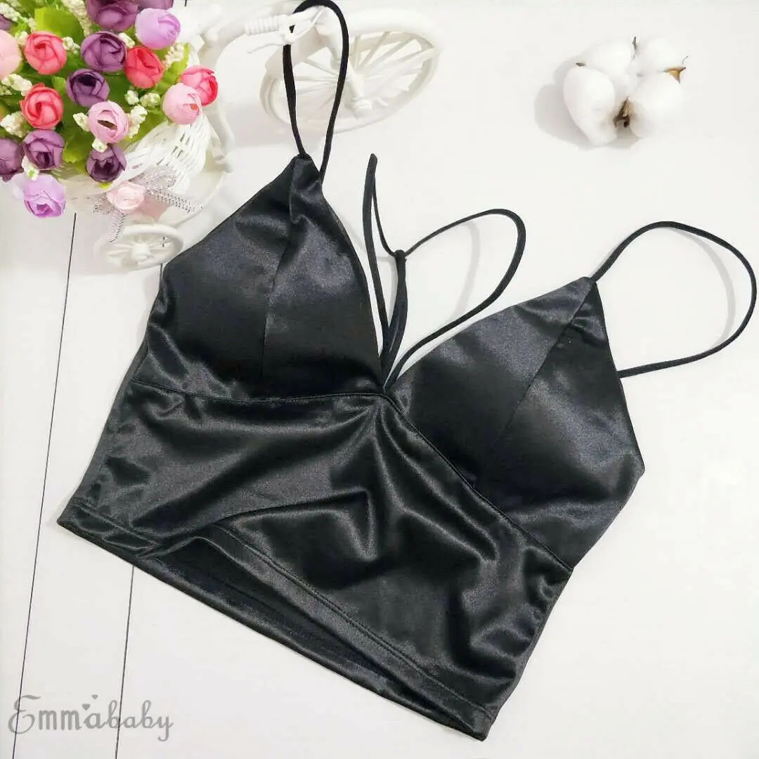 Sexy Women Backless Sleeveless Satin Camis Tops Bustier Bra Vest Deep V-Neck Shirts Solid Camisole Short Shirt Clubn Party Wear | Женская