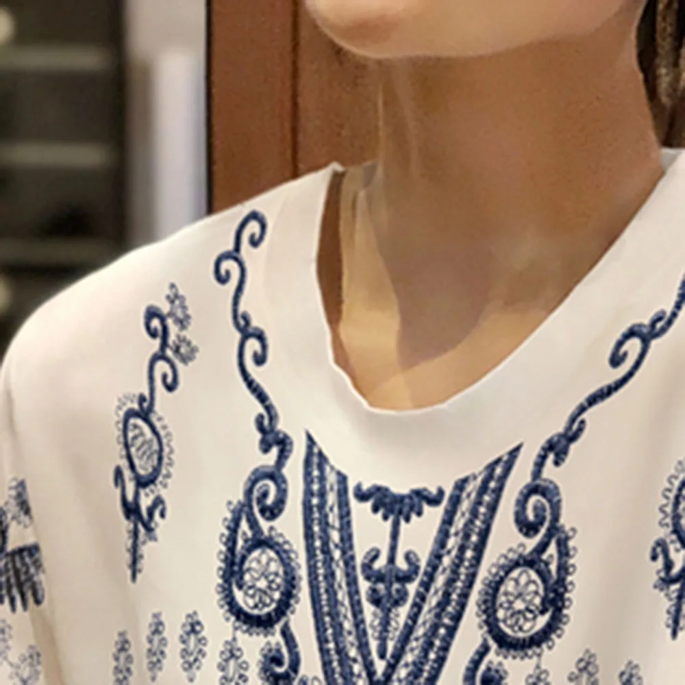 

Blouse Puff Sleeve Round Neck Floral Pattern Plain Ladies Fashion Simple Five-quarter Sleeve Shirt Print Pullover Women Thin