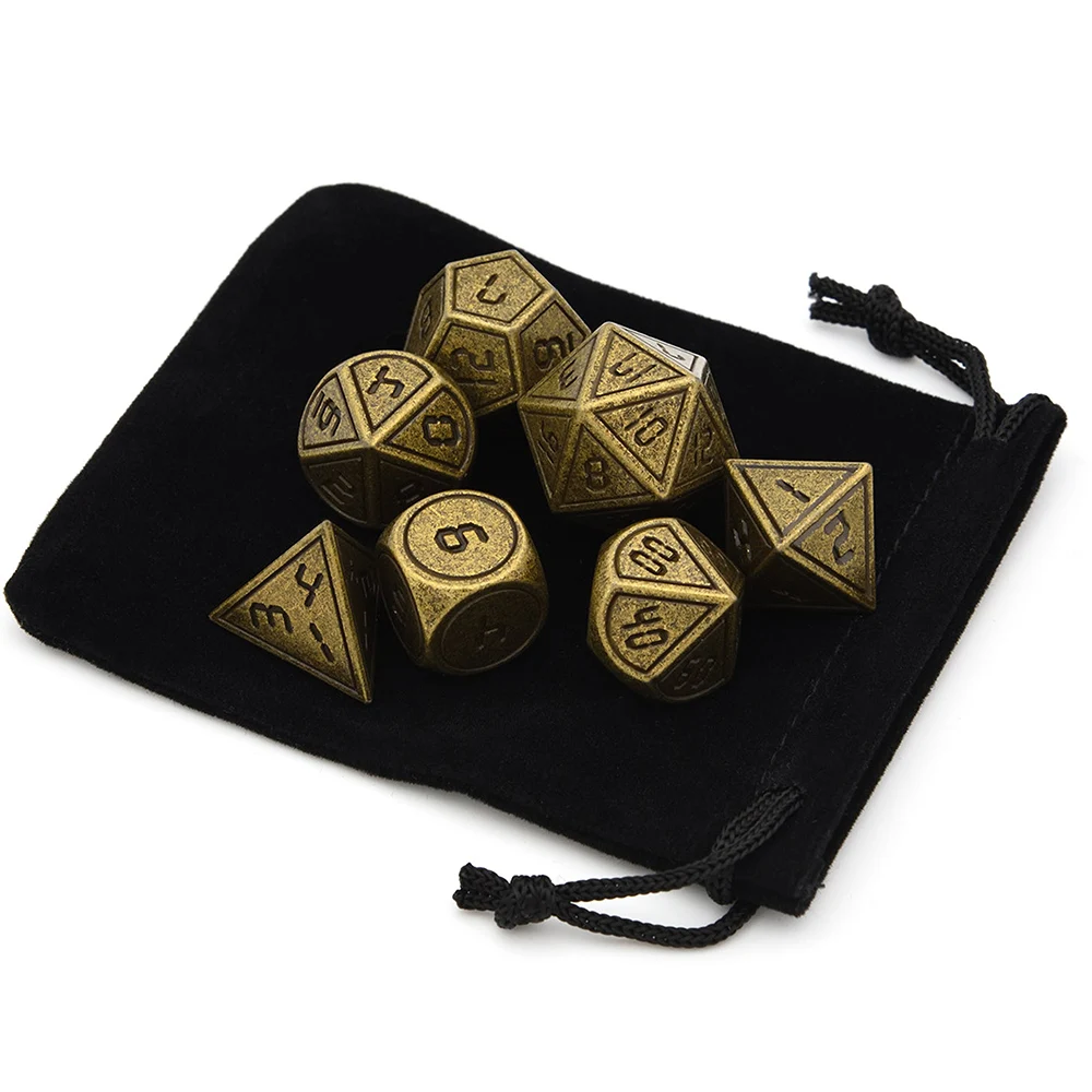 Многогранные металлические игральные кости набор из 7 предметов с черной сумкой