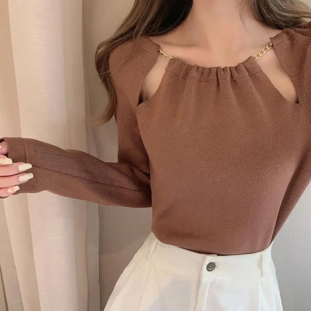 

Chain O-neck Pullovers Sweaters Women knitted Full Sleeve Hollow-out Chic Pullover Sweater Female Real Photos