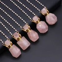 natural gem stone perfume bottle pendant pearl chain necklace rose pink quartz essential oil vial necklaces for women jewelry