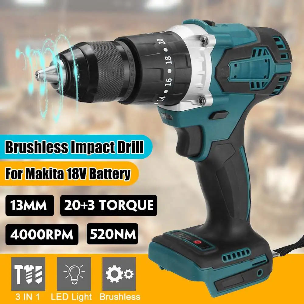 3 in 1 Brushless Electric Drill Electric Screwdriver Battery 13mm 20+3 Torque Cordless Impact Drill For Makita 18V Battery