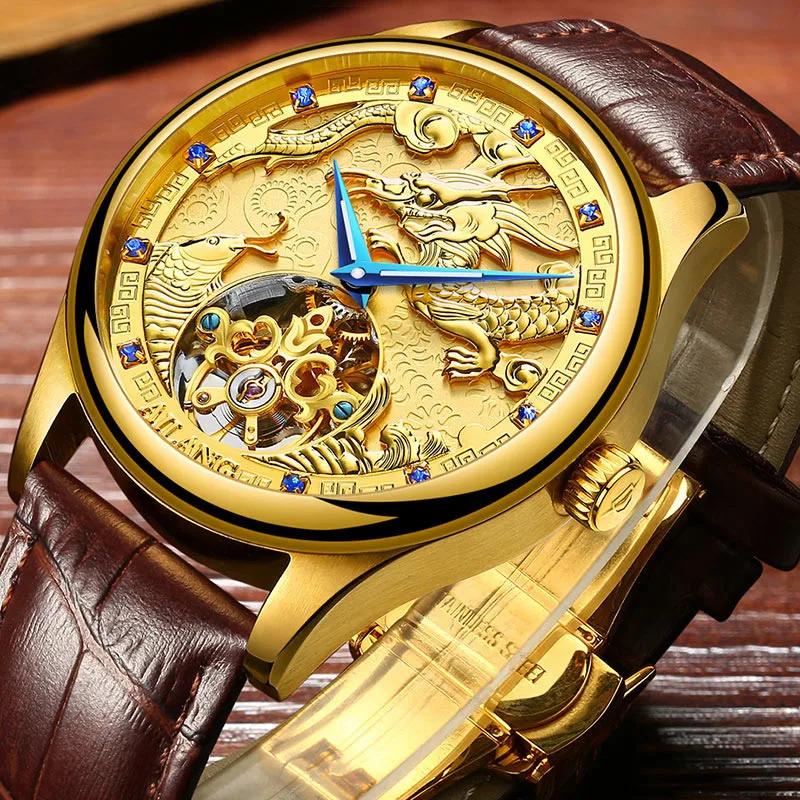 

AILANG Luxury New Golden Dragon Dial Men's Leather Watch Simple Waterproof Blue Pointer Men's Automatic Mechanical Watches 6826