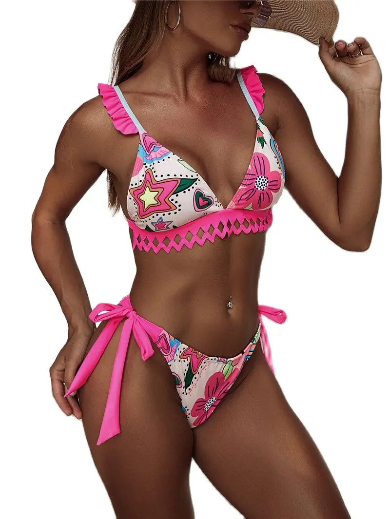 

2022 New Floral Print Sexy Bikini V Neck Swimsuit Adjustable Bandage Bottom Women Swimwear Beach Bathing Suit Drop Shipping