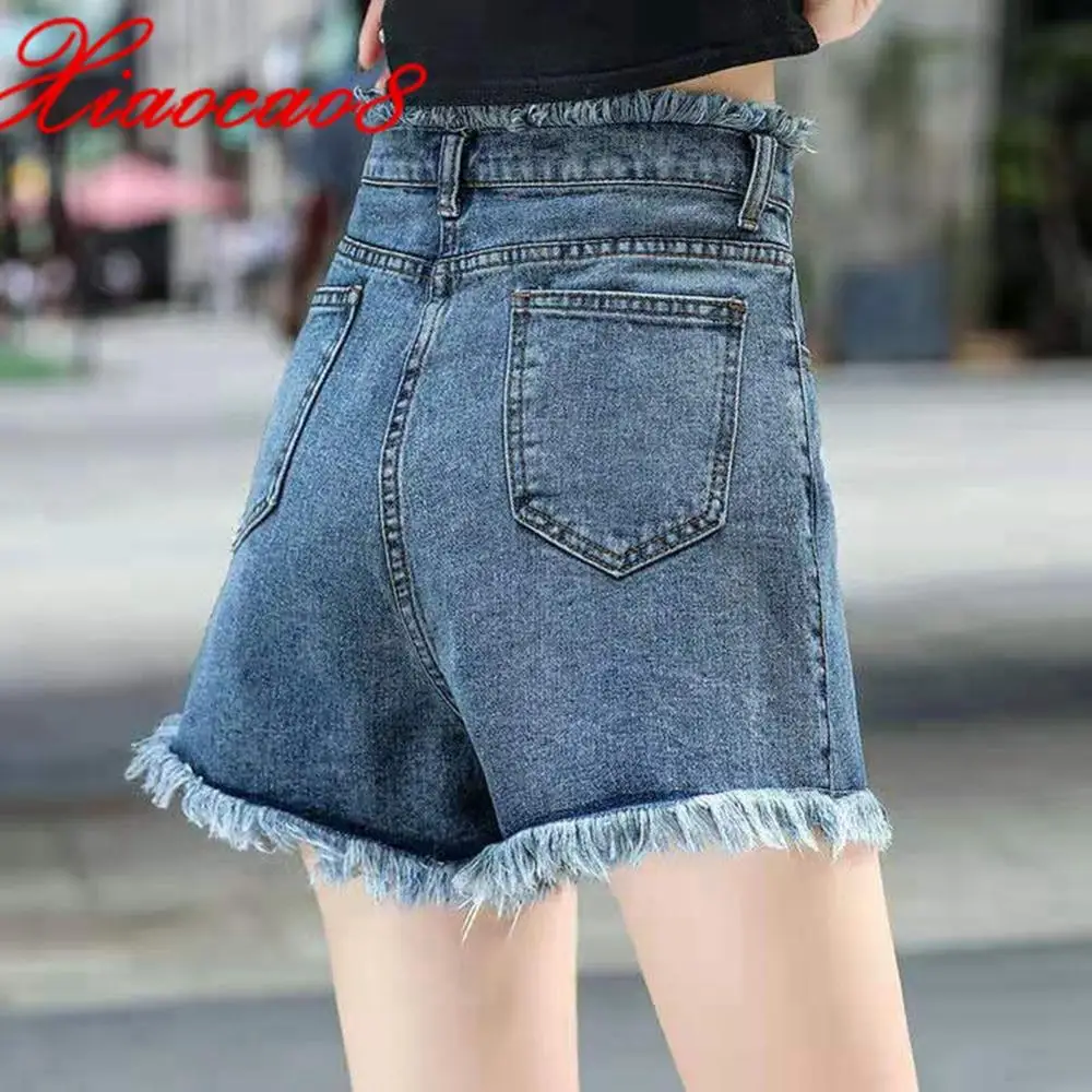 Черные белые синие джинсовые шорты с высокой талией свободные кисточками для