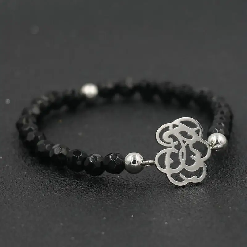 black silver Женские натуральные бусины из розовых камней, браслет из нержавеющей стали золотого и серебряного цвета, браслеты с животными, ювелирные изделия для девушек - Окраска металла: black silver