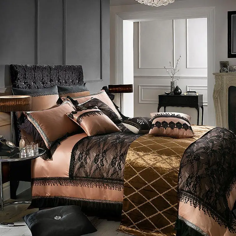 

Black Lace Luxury Bedding Set Queen King size Silk Cotton Bed sheet set Duvet cover Bed set Pillowcase ropa de cama linge de lit