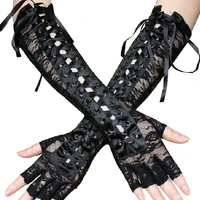 women gloves long fishnet mesh gloves arm sleeve lace bandage half finger gloves satin ribbon ties up cool gothic punk gloves