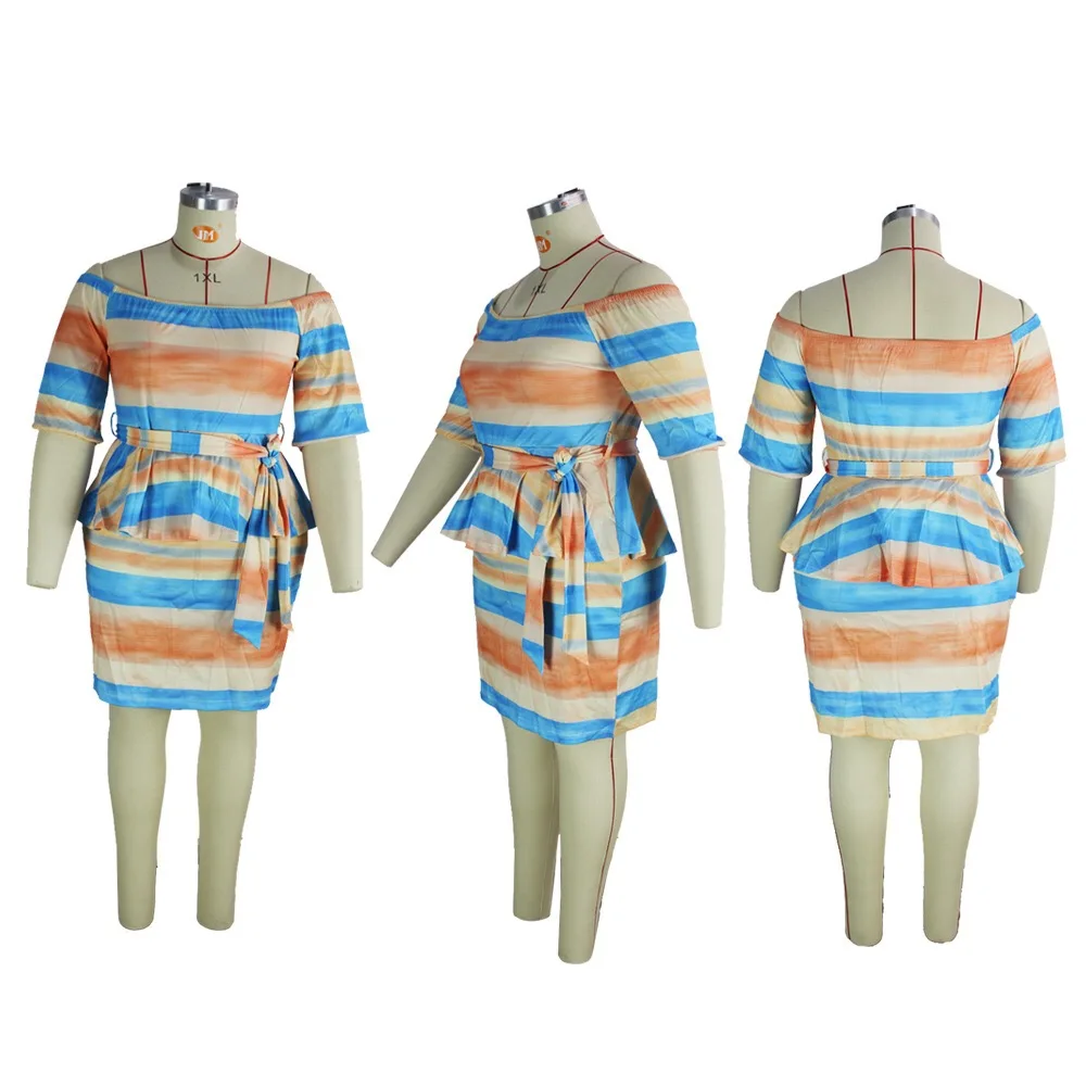 

Plus Size Dresses For Women 4xl Large Striped Print Slash Neck Bodycon High Waist Fashion Elegant Evening Night Club Vestidos