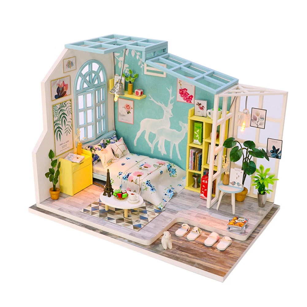 

3D DIY Hut Lighting Bedroom House with Dust Cover Assembly Villa Model Toys Handicraft Birthday Gift