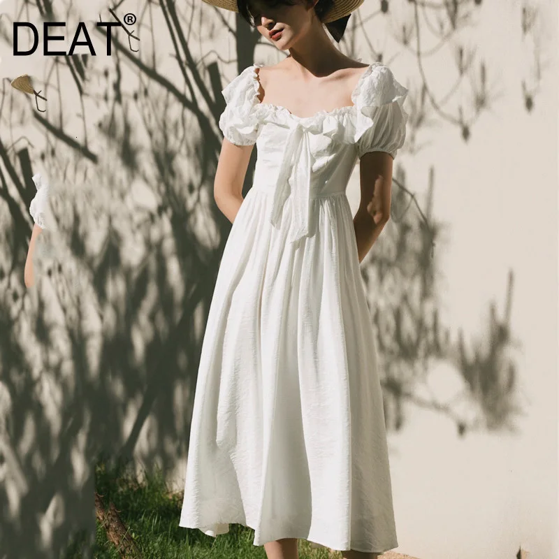 DEAT для отдыха рукав-фонарик квадратный воротник до середины икры платья женщин
