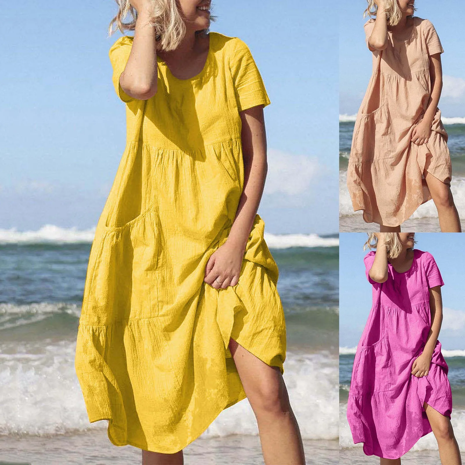 

Solid Color O-Neck Summer Dresses For Women Short Sleeves Casual Dress For Women Casual Sexy Traf-Robe Femme vestido feminino