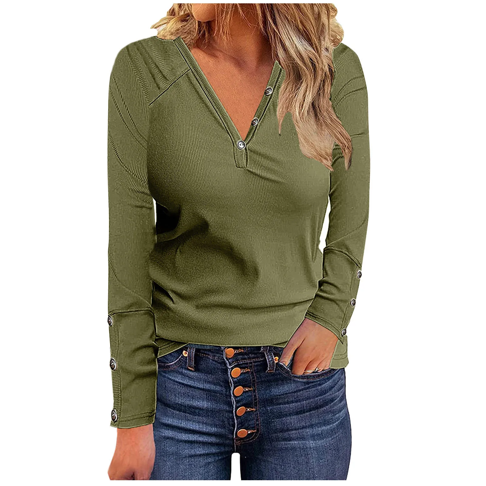 

Модная женская одежда, футболки с V-образным вырезом и длинным рукавом, женская футболка, Однотонные блузки, топы, женская одежда, Корейская ...