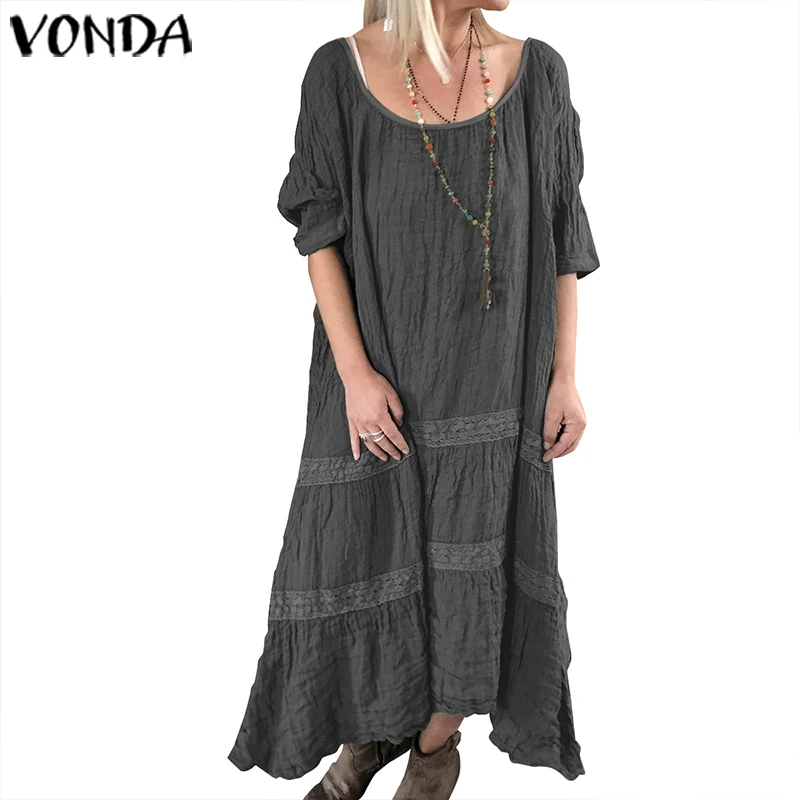 VONDA женское платье с коротким рукавом и круглым вырезом, однотонная хлопковая рубашка, свободное платье с оборками, длинное платье макси, большие размеры, вечерние платья - Цвет: Серый