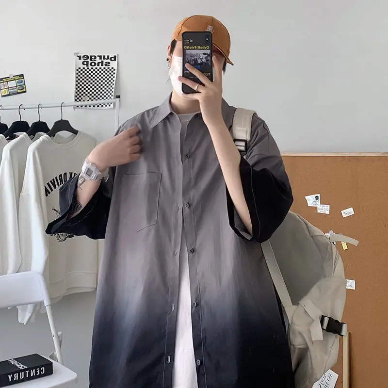 Summer Short-sleeved Shirt Men's Fashion Retro Gradient Shirt Men Streetwear Korean Loose Casual Shirts Mens Dress Shirt M-3XL