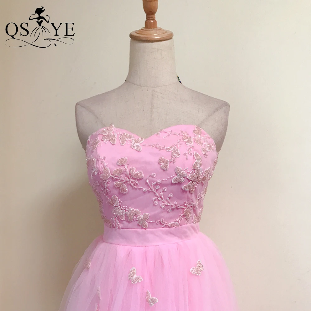 

Baby Pink Prom Dresses Short Tulle Evening Dress Strapless Off the Shoulder Party Girl Prom Dress Beaded Lace Fairy Gown Fresh