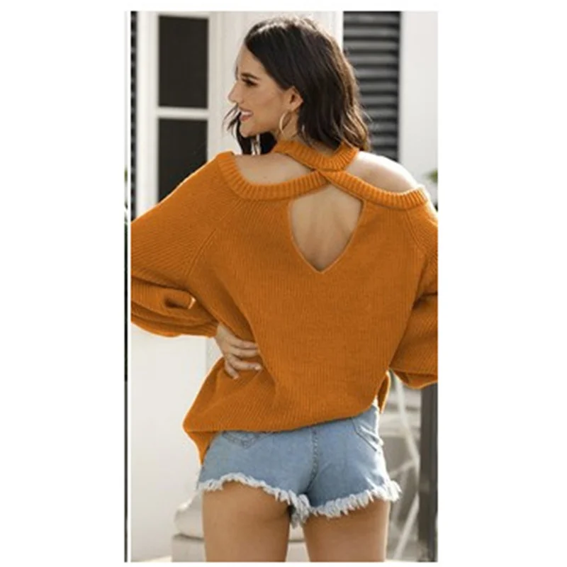 

Autumn/Winter Knitted Sweater Women 2021 New Style Temperament Peach Heart Hollow Halter On The Back Orange Loose Pullover N1221
