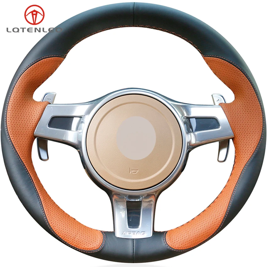 

LQTENLEO Brown Black Leather Steering Wheel Cover For Porsche Cayenne Cayman 2010-2014 Panamera 2010-2016 911 Boxster 2009-2015