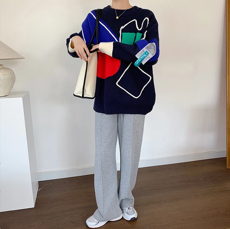 

Women Long Sleeve O-neck Knitted Pullovers Sweaters Korean Loose Casual Color Block Plus Size Sweater Female Autumn Winter