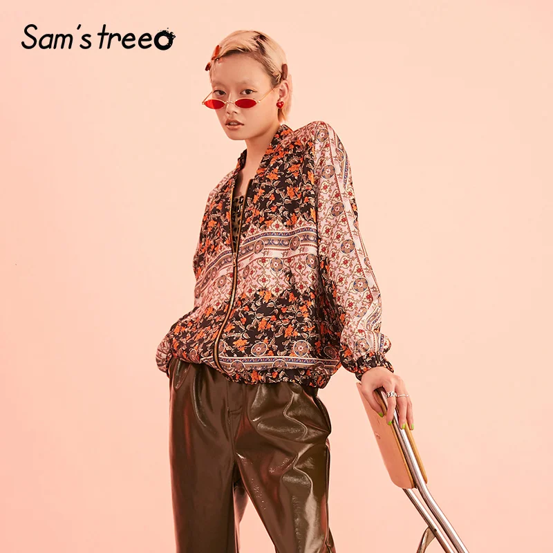 Samstree винтажное Женское пальто с цветочным принтом, осень, новая уличная мода, женские куртки, Повседневная Свободная одежда для офисных леди