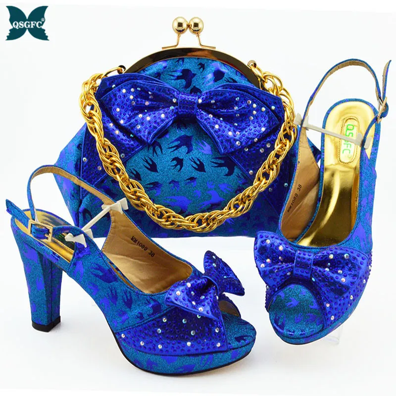 Итальянский дизайн Новые в нигерийском стиле Модные ярко синие туфли Цвет